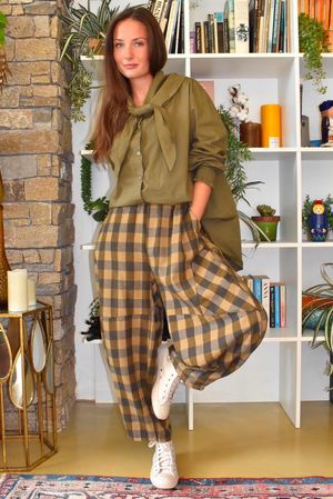 Nora Brushed Cotton Gingham Classic Barrel Pant Deep Olive
